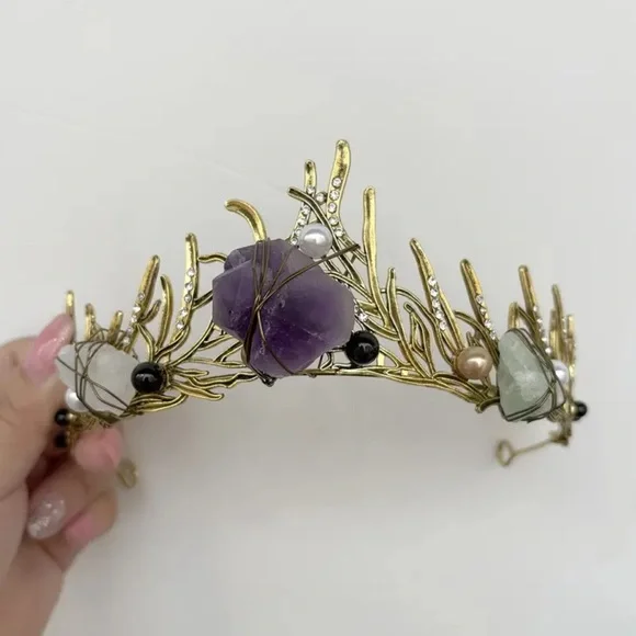 Elegant Crystal Tiara Amethyst Flourite & Quartz faux pearls and rhinestones NEW - Picture 4 of 7